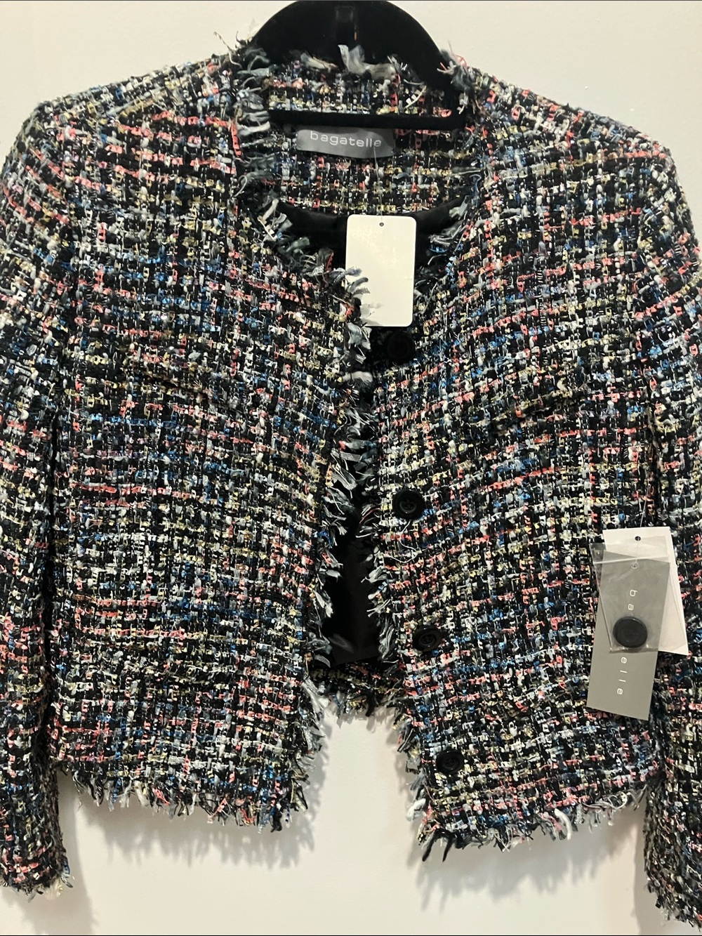 bagatelle Black Multicolor Tweed Cropped Fringe Jacket